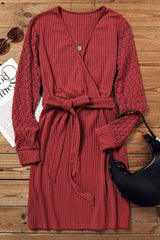 Red Lace Splicing Lace-Up Wrap V Neck Mini Dress