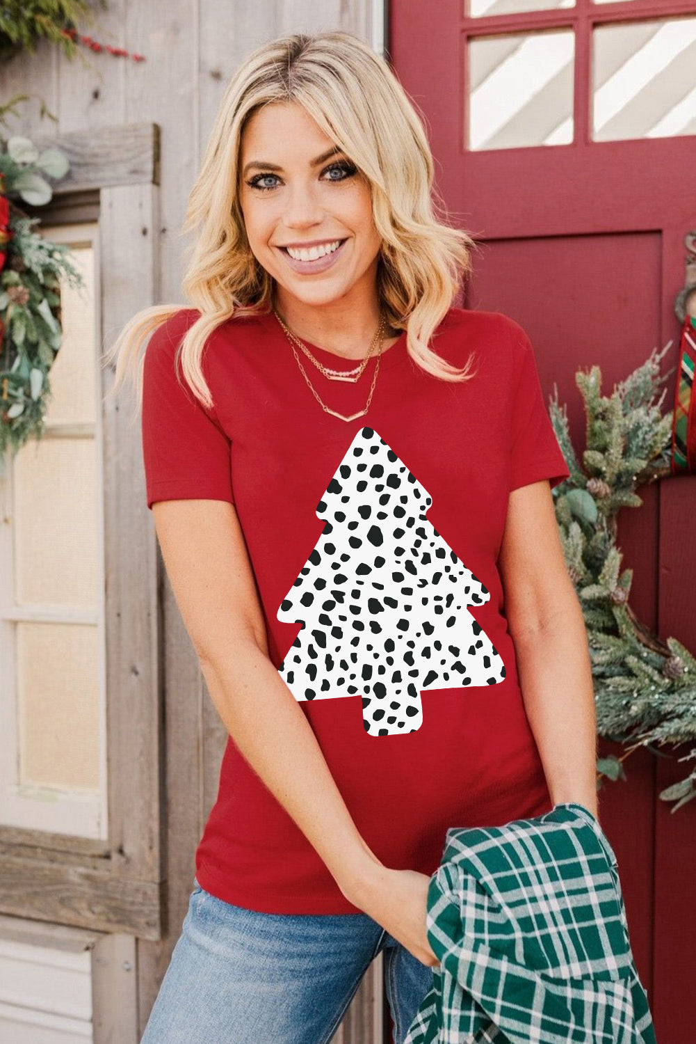 Red Leopard Christmas Tree Print Short Sleeve Graphic Tee