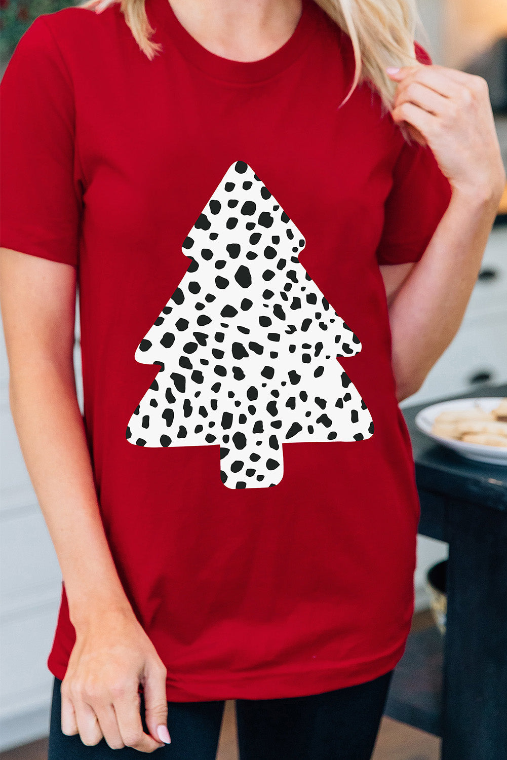 Red Leopard Christmas Tree Print Short Sleeve Graphic Tee