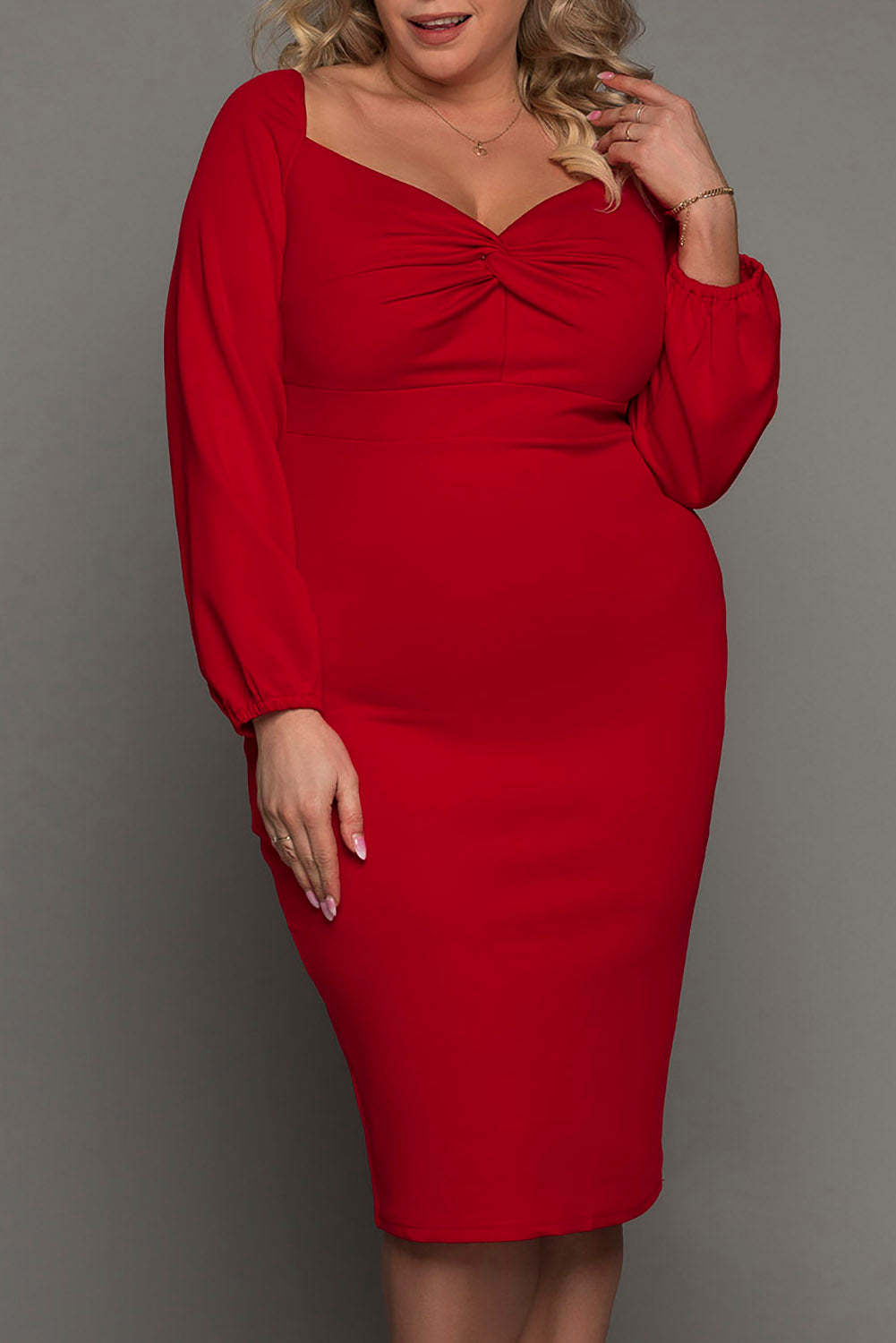 Red Long Sleeve Front Knot Plus Size Midi Dress