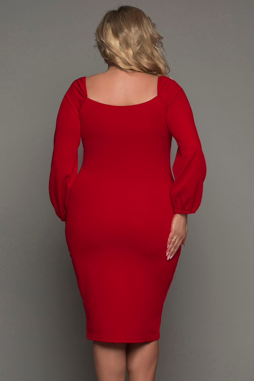 Red Long Sleeve Front Knot Plus Size Midi Dress
