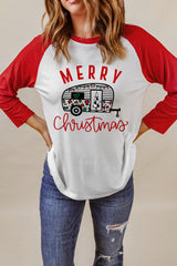 Red Merry Christmas Graphic Print Color Block Top