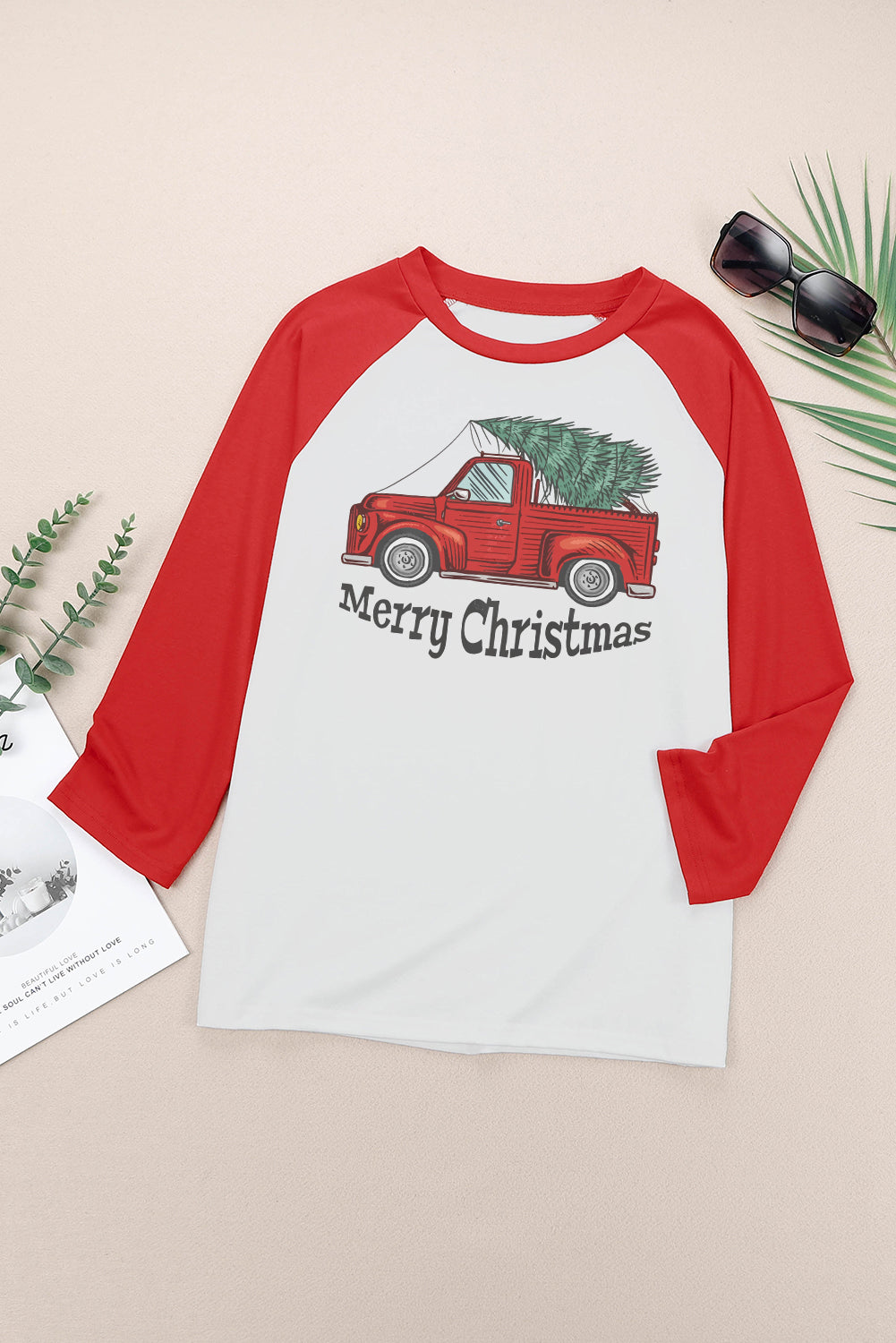 Red Merry Christmas Truck Graphic Print Color Block Top