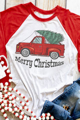 Red Merry Christmas Truck Graphic Print Color Block Top