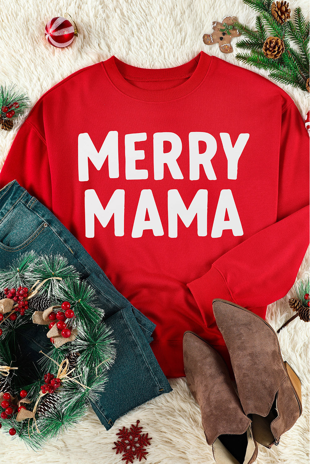 Red Merry Mama Long Sleeve Pullover Sweatshirt
