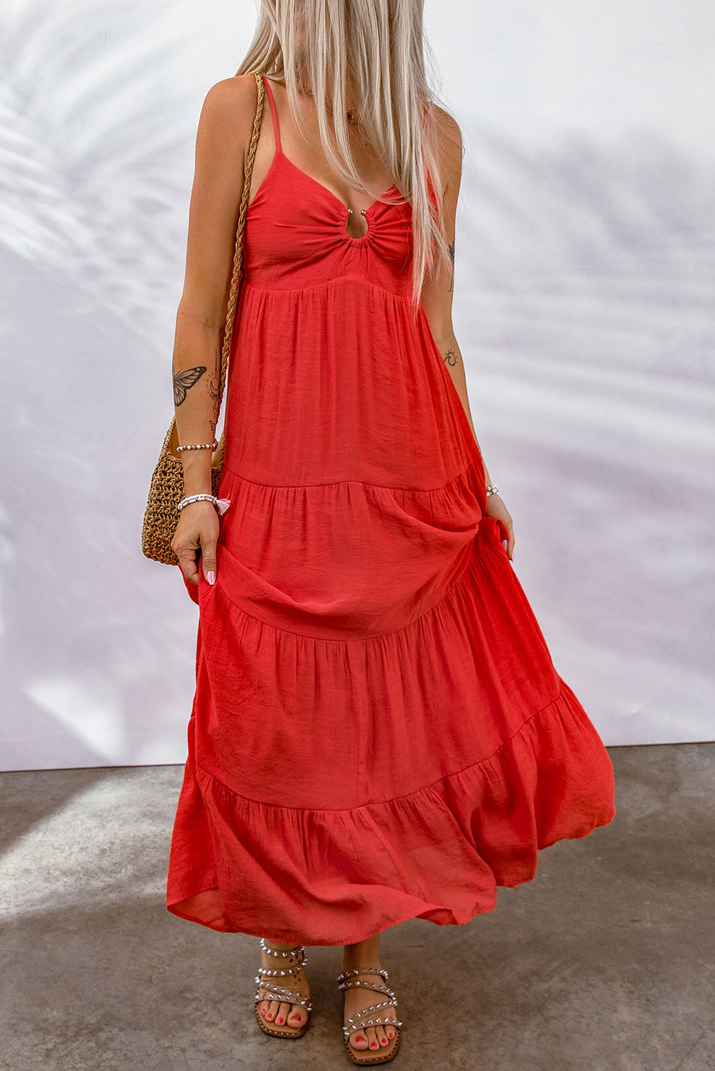 Red O-Ring Smocked Back Spaghetti Straps Tiered Maxi Dress