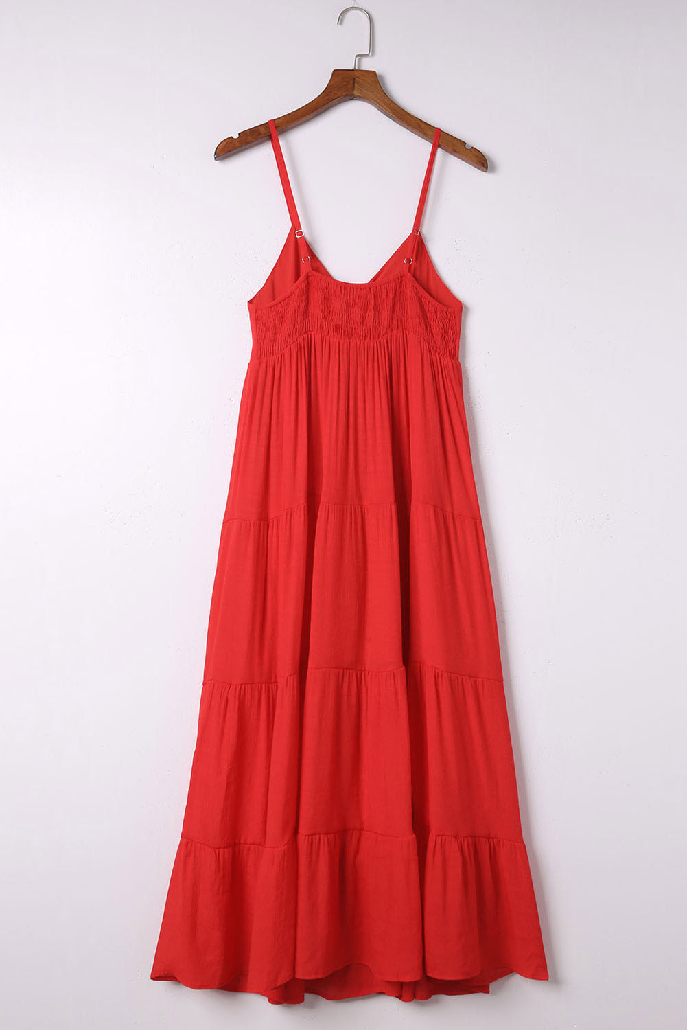 Red O-Ring Smocked Back Spaghetti Straps Tiered Maxi Dress