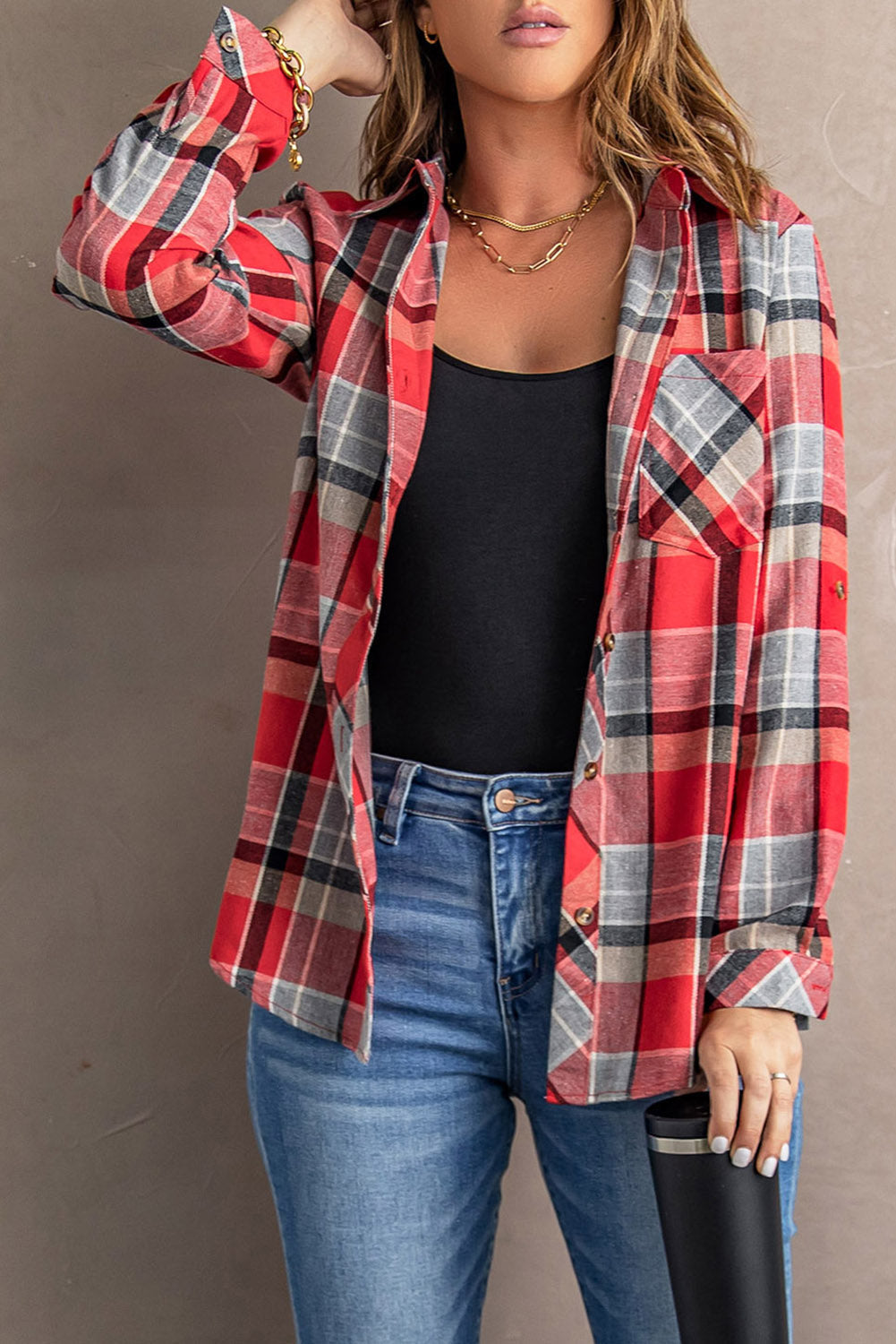 Red Plaid Button Blouse With Pocket