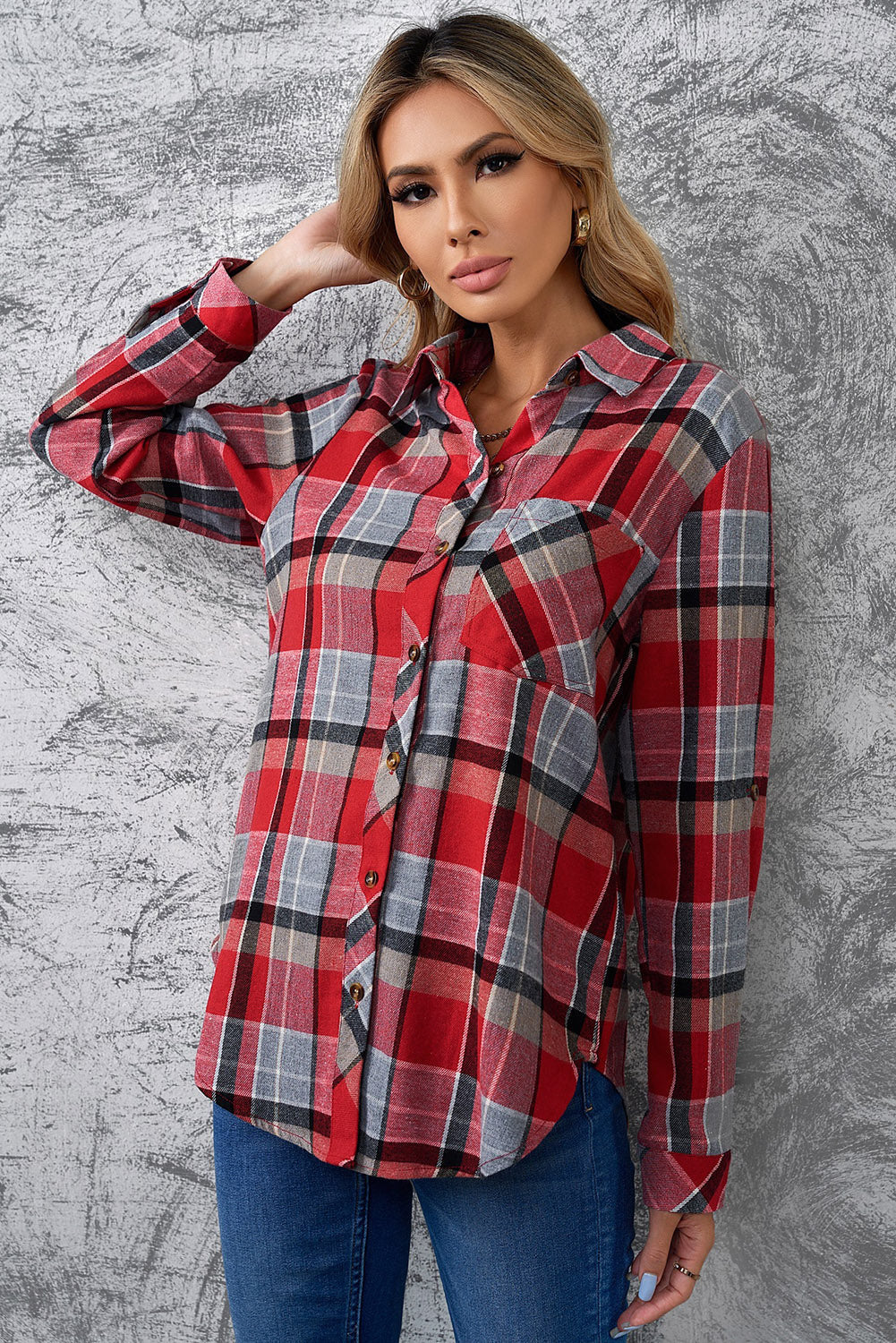 Red Plaid Button Blouse With Pocket
