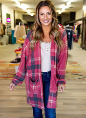 Red Plaid Casual Drop Shoulder Pocketed Cardigan