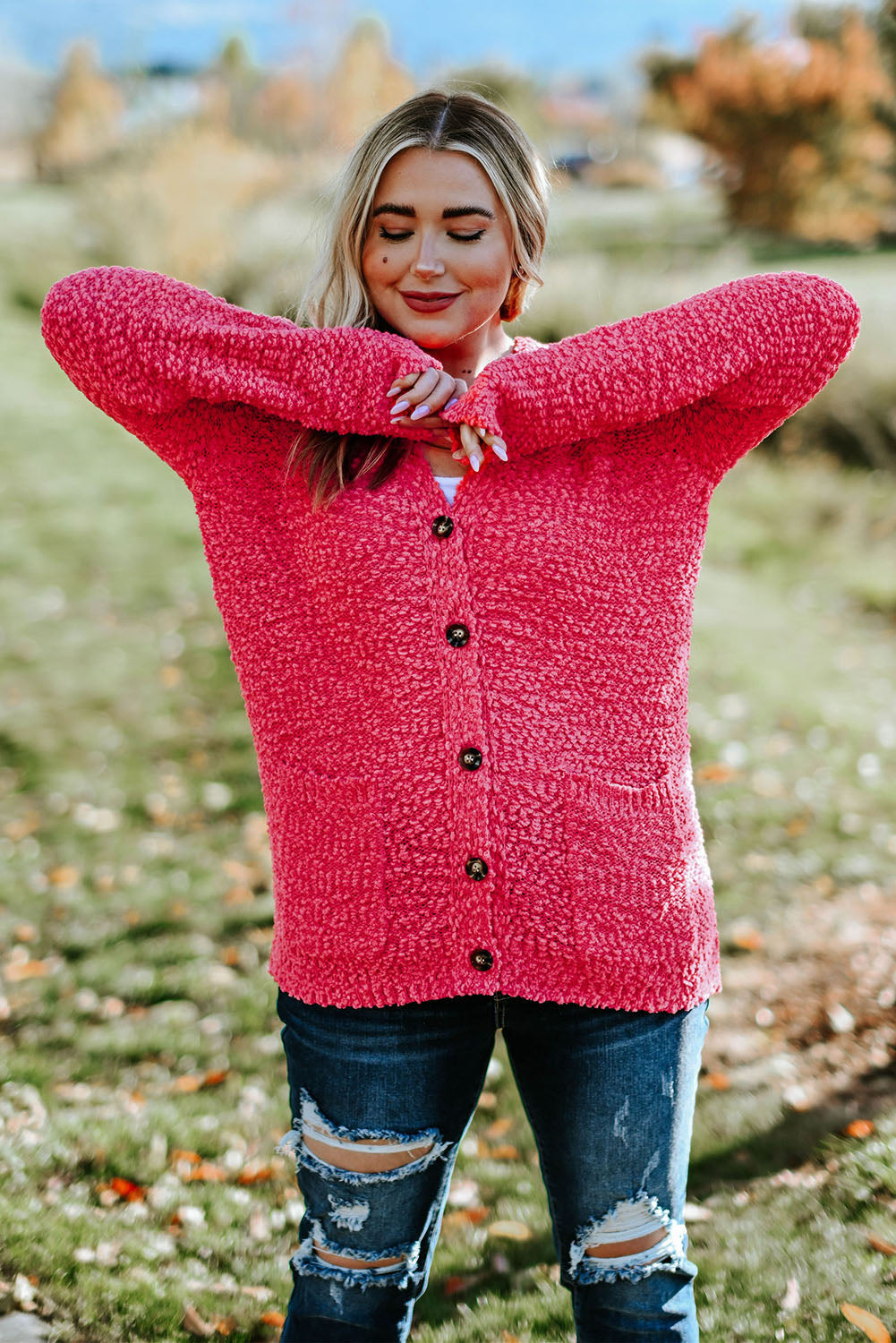 Red Plus Size Popcorn Buttons Cardigan