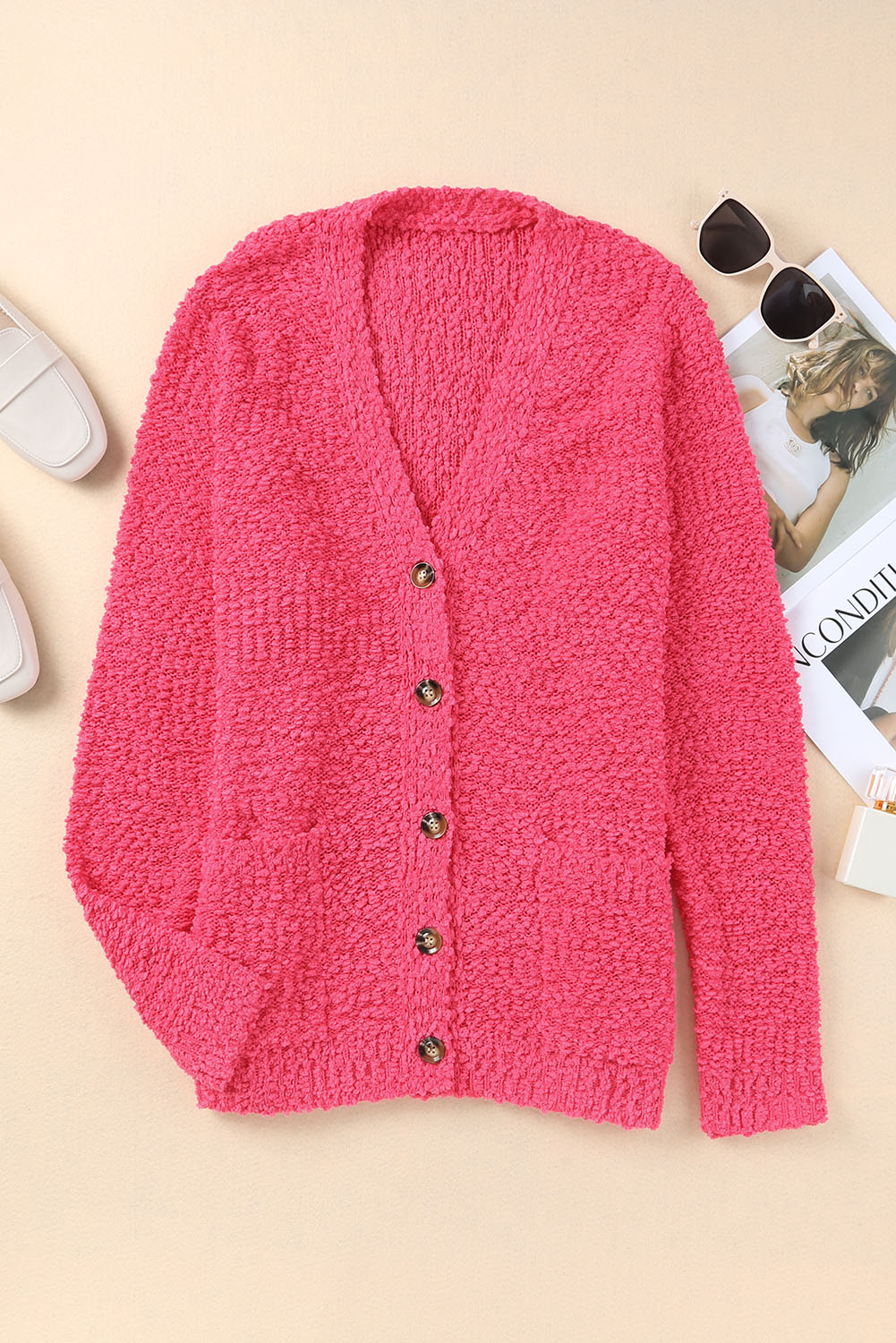 Red Plus Size Popcorn Buttons Cardigan