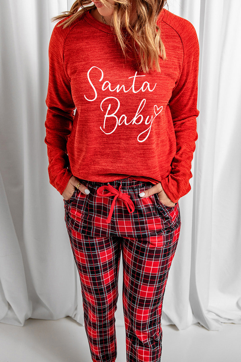 Red Santa Baby Plaid Print Two Piece Pajama Set