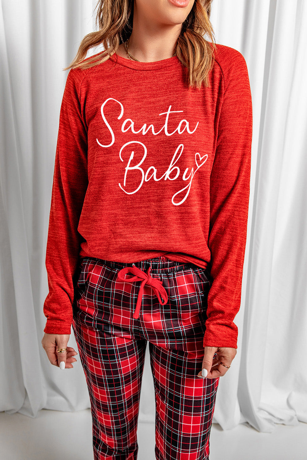 Red Santa Baby Plaid Print Two Piece Pajama Set