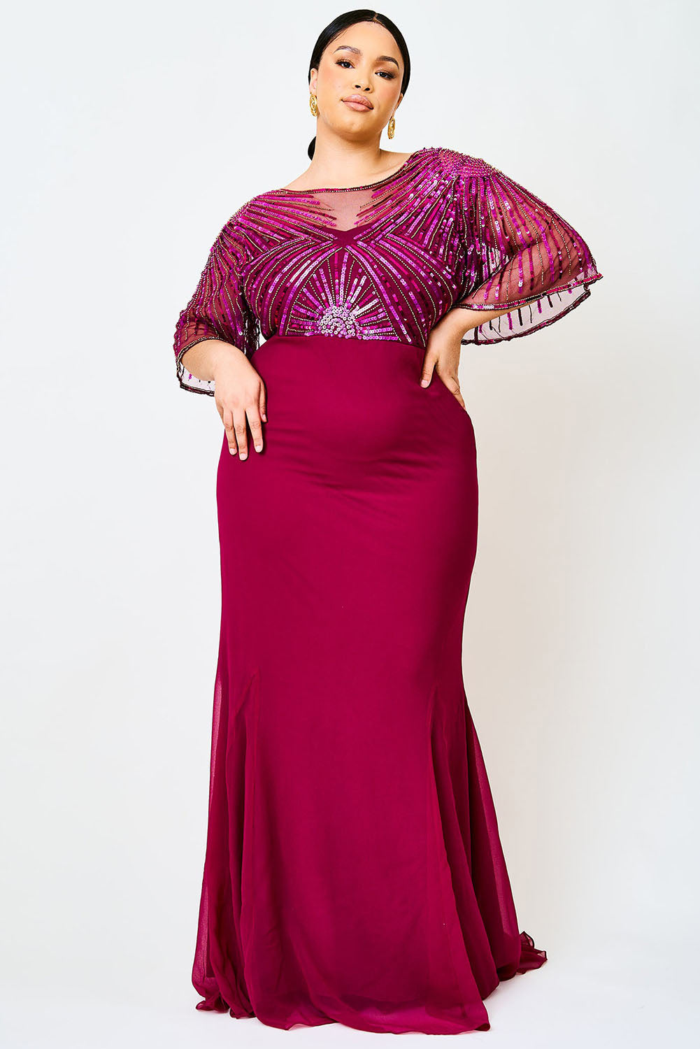 Red Sequin Mesh Open Back Plus Size Maxi Dress