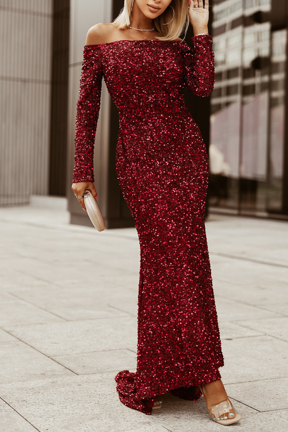 Red Sequin Off Shoulder Long Sleeve Evening Gown