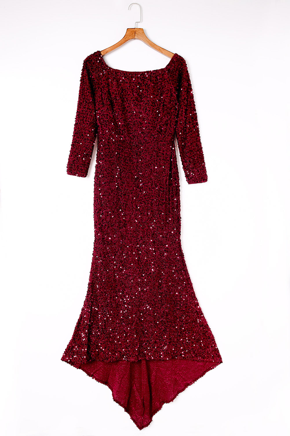 Red Sequin Off Shoulder Long Sleeve Evening Gown