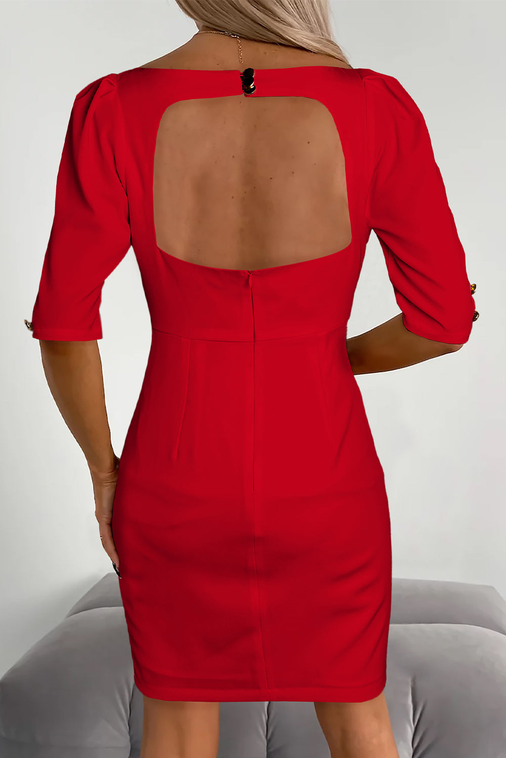 Red Square Neck Backless Bodycon Dress