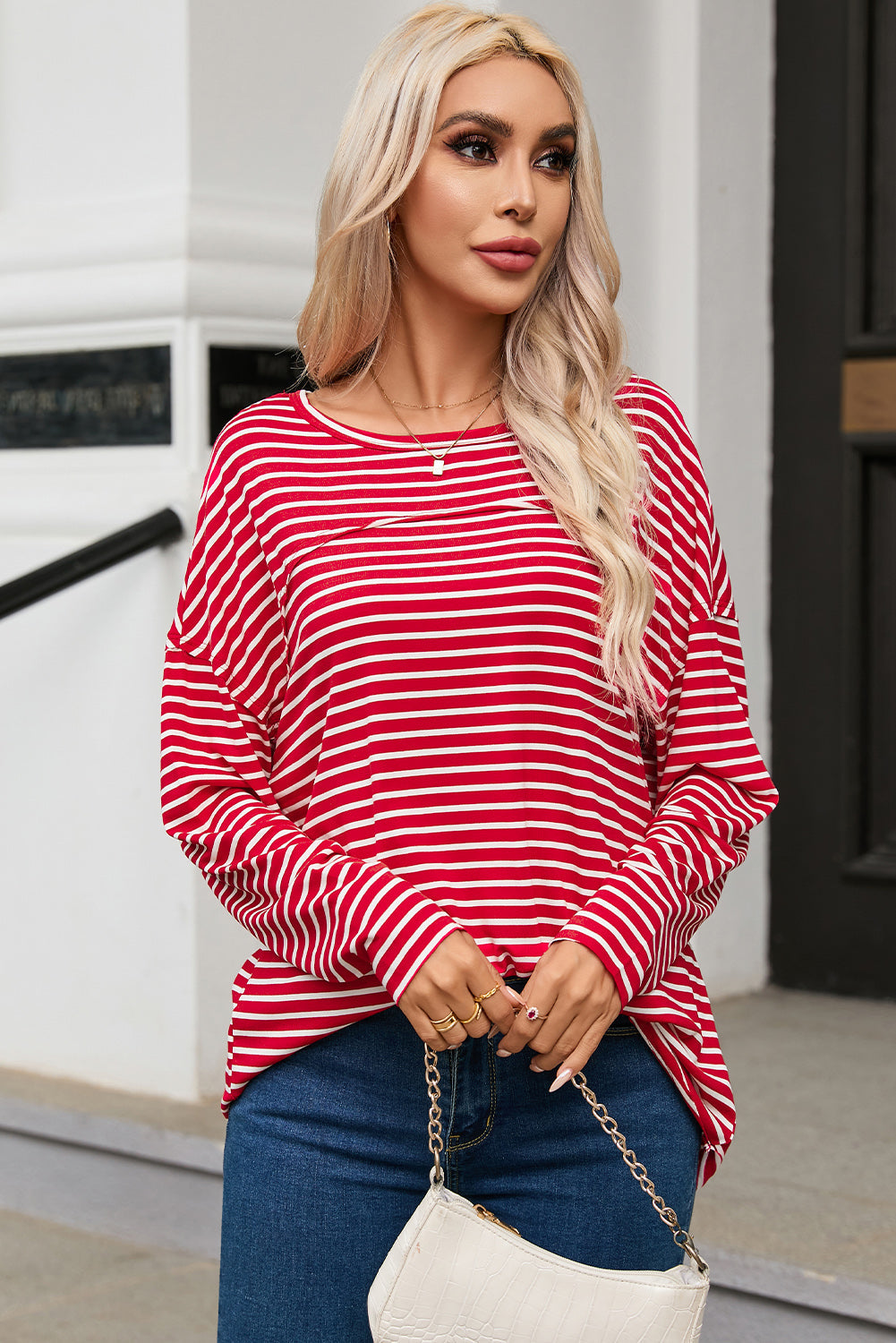 Red Striped Drop Shoulder Exposed Seam Long Sleeve Top