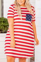Red Stripes Crisscross Plus Size T-Shirt Dress With Star Pocket