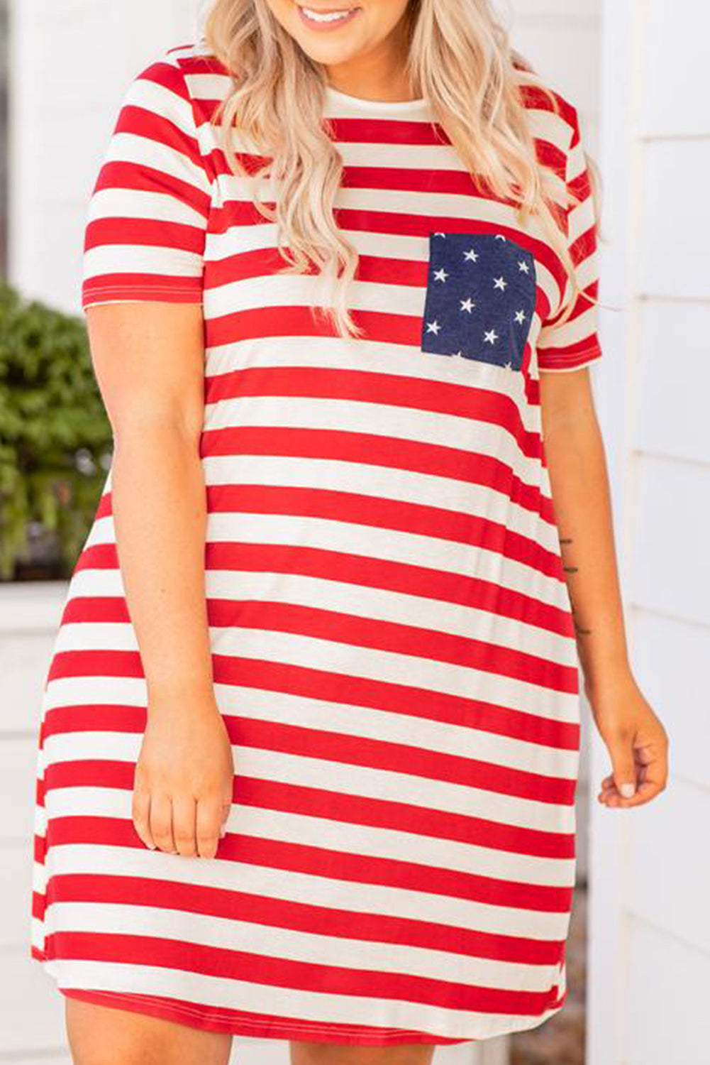 Red Stripes Crisscross Plus Size T-Shirt Dress With Star Pocket