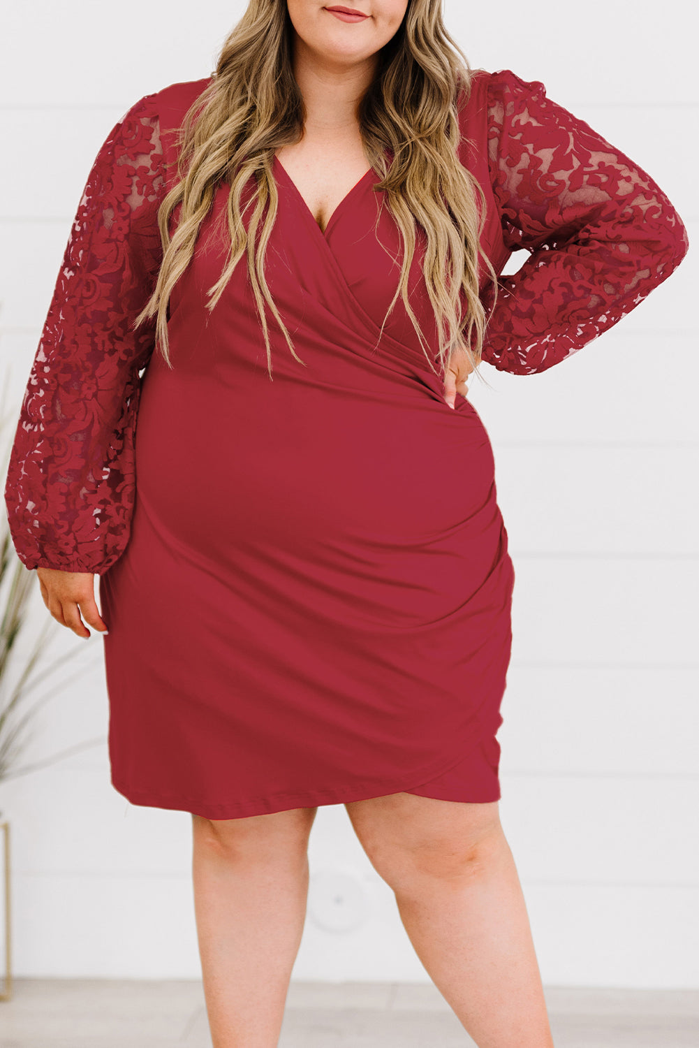 Red Surplice Neckline Floral Puff Sleeves Plus Size Dress