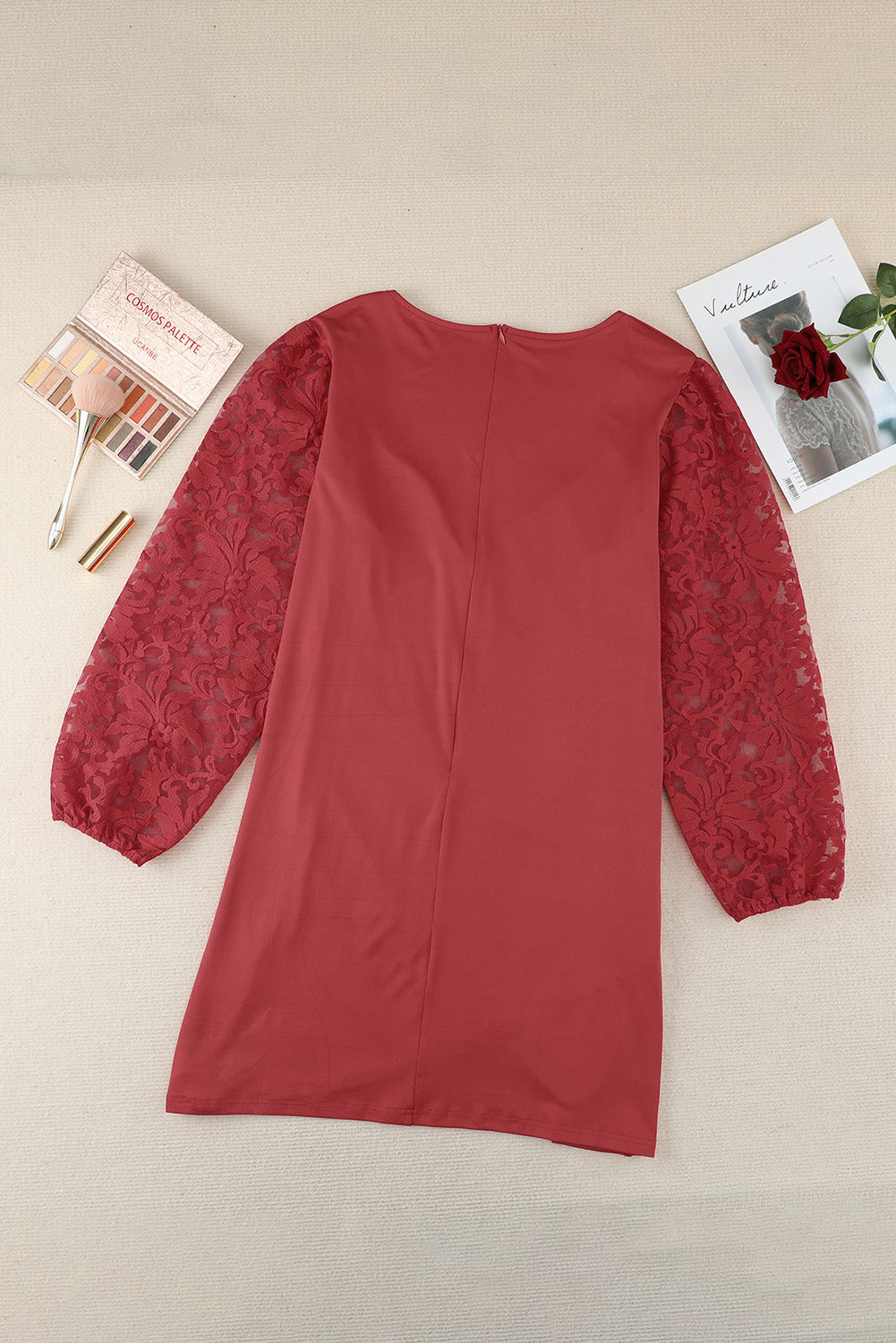 Red Surplice Neckline Floral Puff Sleeves Plus Size Dress