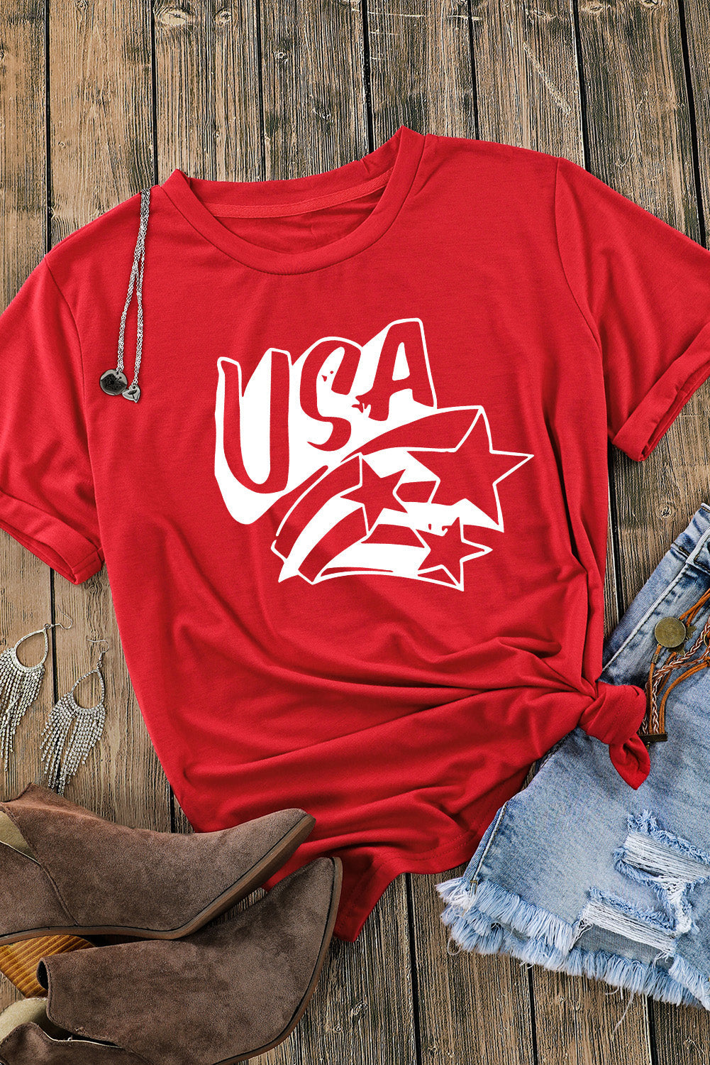 Red USA Stars Graphic Vintage Tee