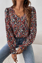 Red V Cut Lace Patch Tie-up Ruffled Puff Sleeve Floral Blouse