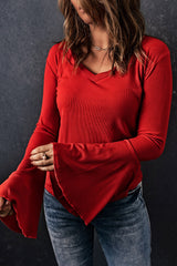 Red V Neck Knit Bell Sleeve Top