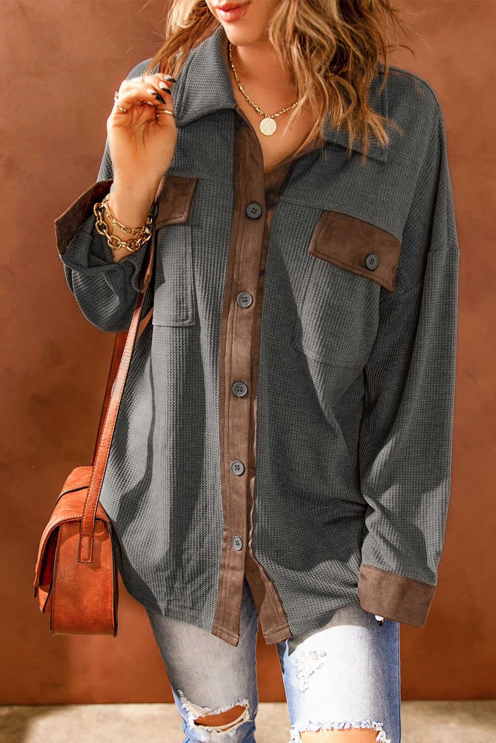 Ribbed Buttoned Long Sleeve Shacket