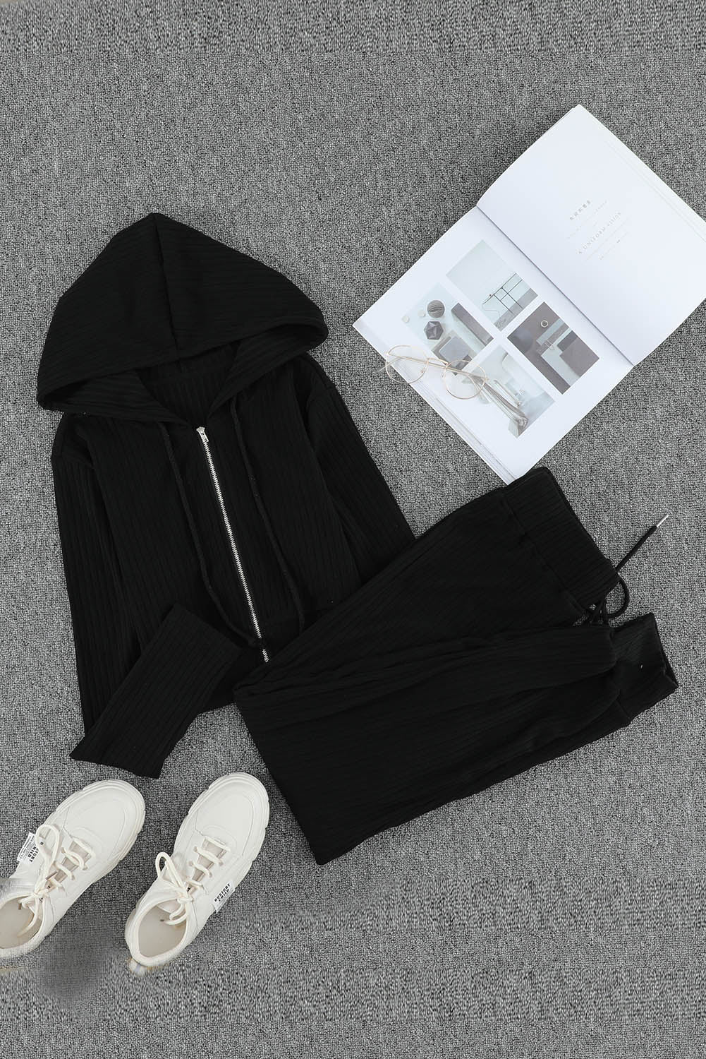 Ribbed Knit Cropped Hoodie And Jogger Two Piece Set