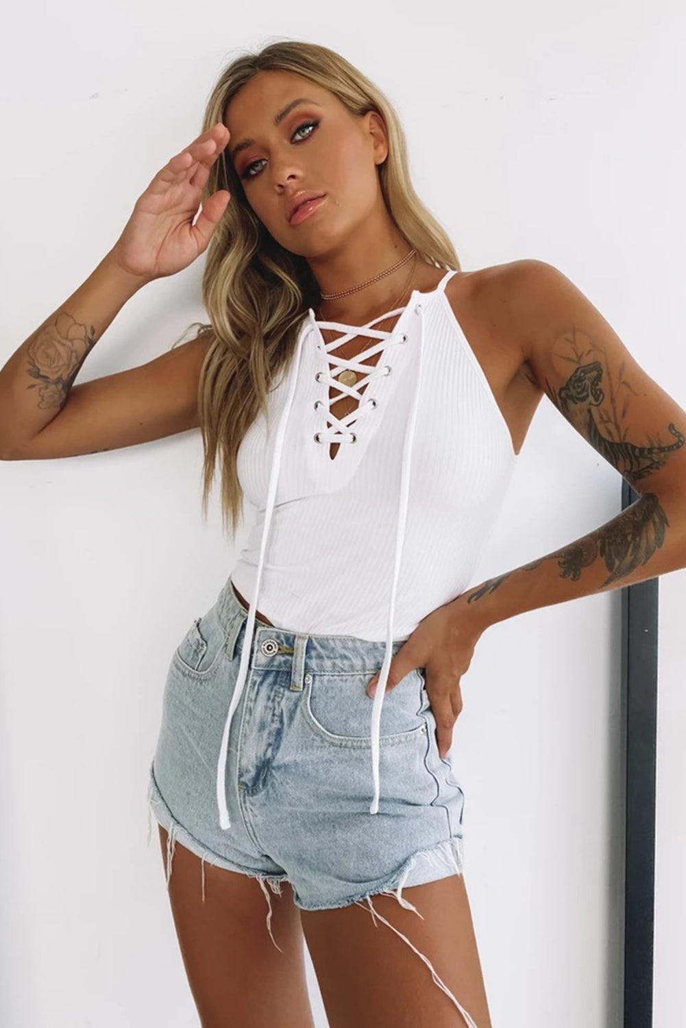 Ribbed Lace-up Slim Fit Tank Top