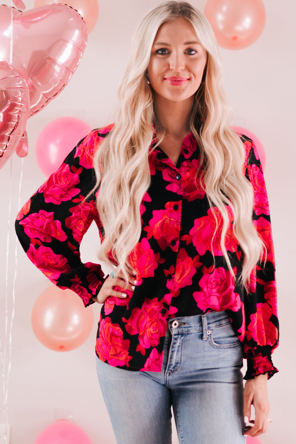 Rose Blooming Rose Allover Puff Sleeve Shirt