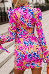Rose Floral Bow Tie Long Sleeve Mock Neck Ruched Dress
