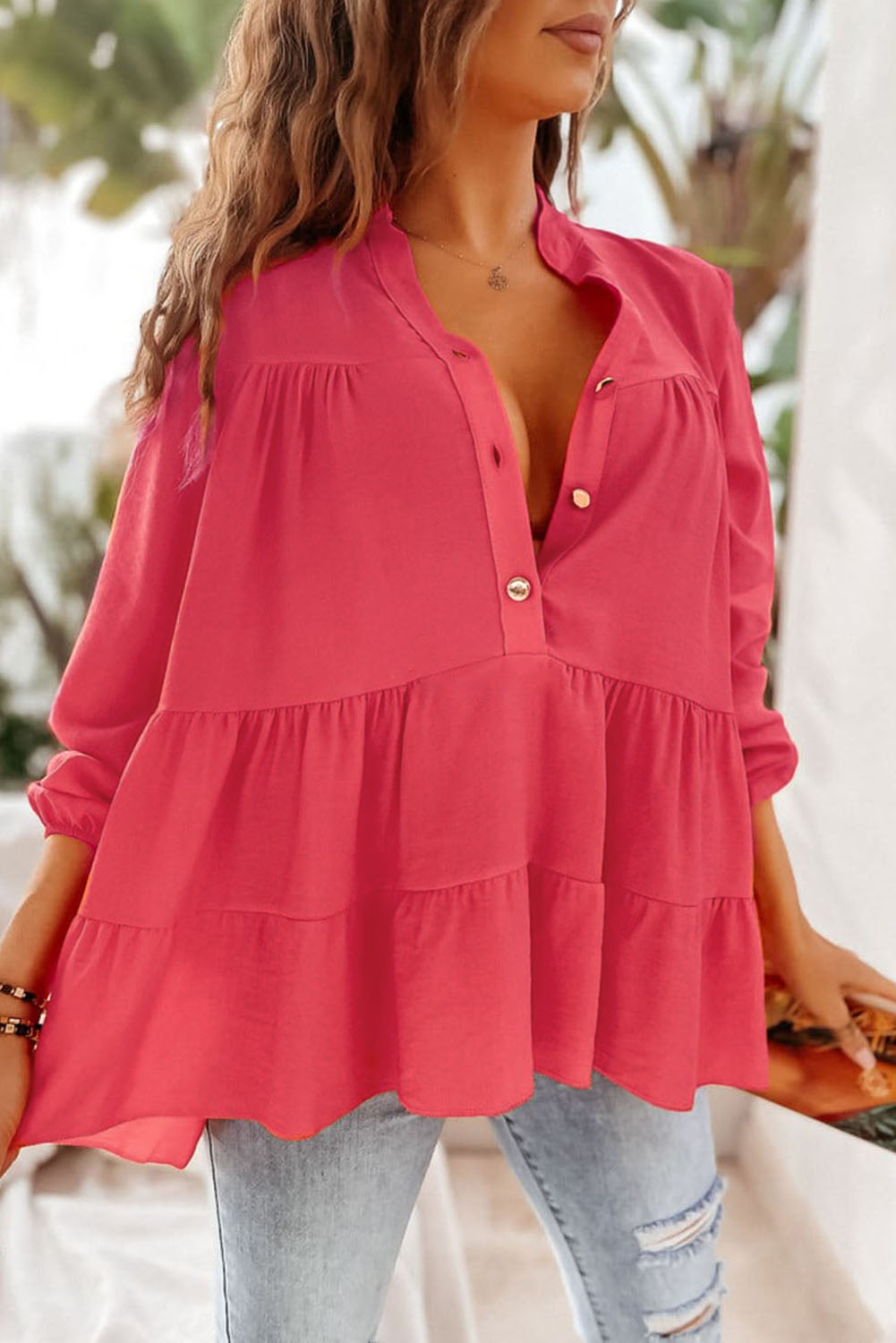 Rose Half Buttoned Ruffle Tiered Long Sleeve Blouse