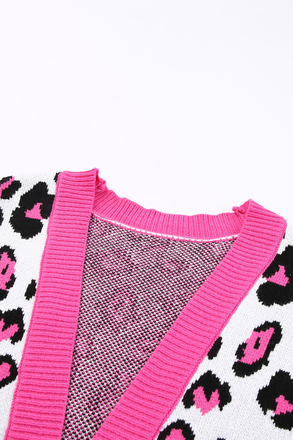 Rose Leopard Ribbed Trim Knitted Open Front Long Cardigan