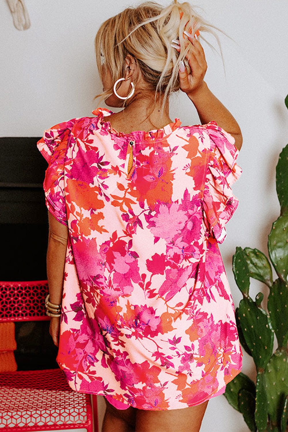 Rose Ruffle Tiered Sleeve Frill Neck Floral Plus Size Blouse