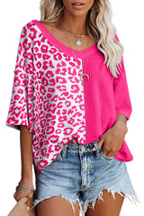 Rose Waffle Knit Leopard Solid Contrasting Blouse