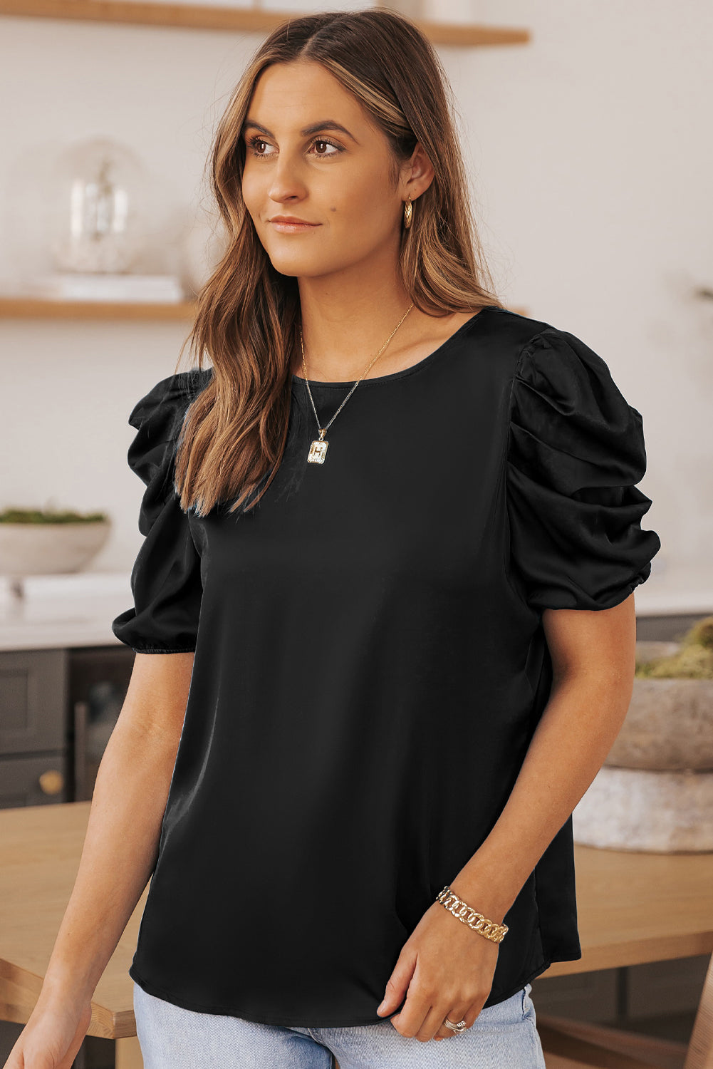Ruched Puff Short Sleeve Satin Blouse