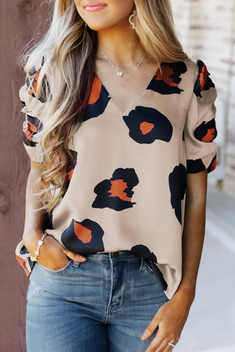 Ruched Short Sleeve Leopard Print Blouse