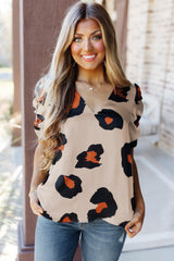 Ruched Short Sleeve Leopard Print Blouse