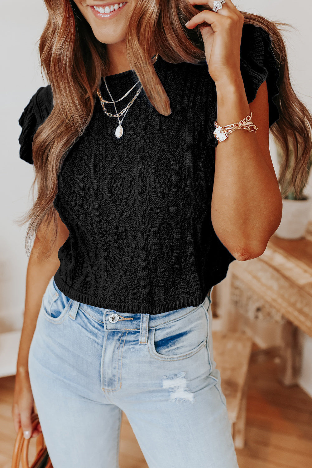 Ruffle Sleeve Cable Knit Sweater