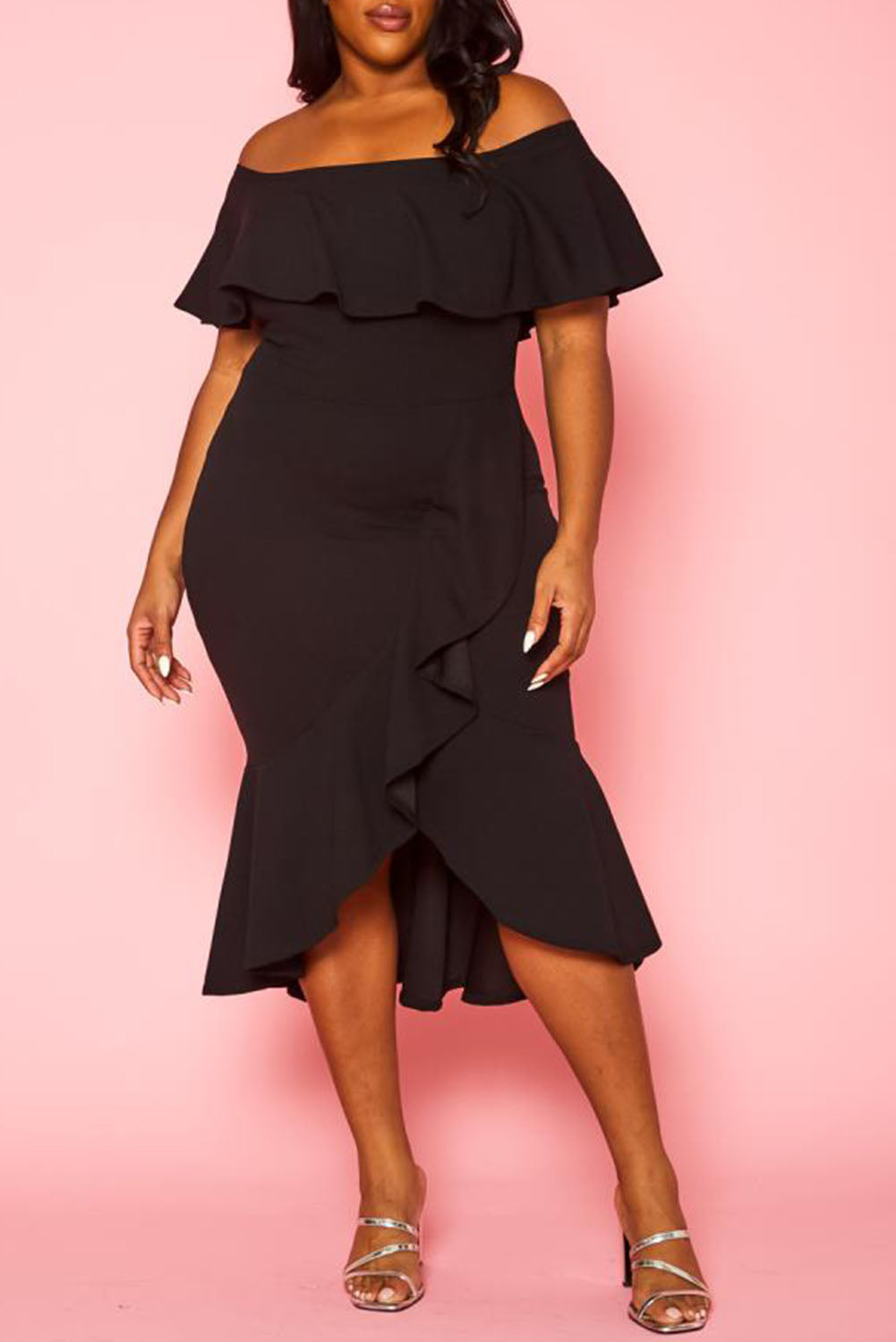 Ruffled Off Shoulder High Low Plus Size Dress