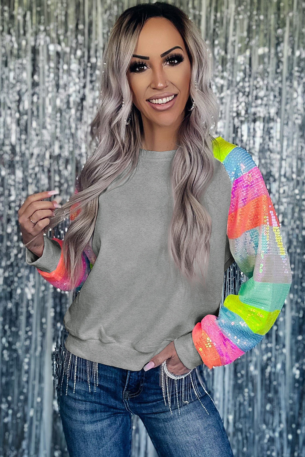 Sequin Color Block Raglan Sleeve Pullover Sweatshirt