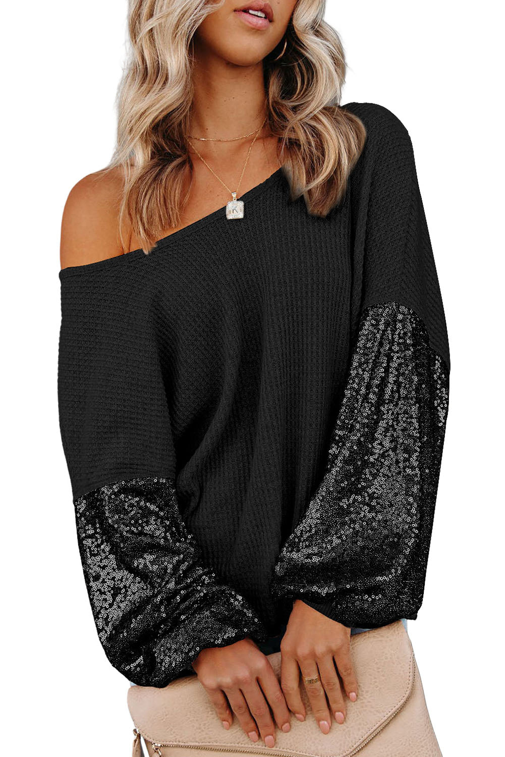 Sequin Patchwork Sleeve Open Back Waffle Knit Top