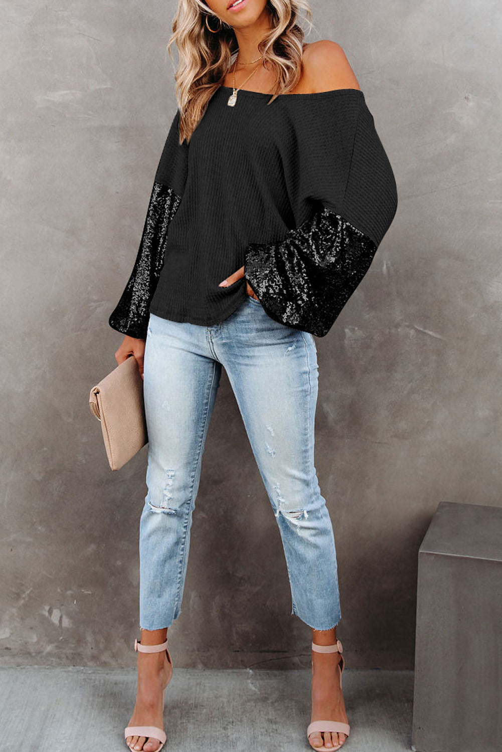 Sequin Patchwork Sleeve Open Back Waffle Knit Top