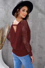 Sexy V Neck Surplice Hollow-Out Sweater With Lace Sleeves