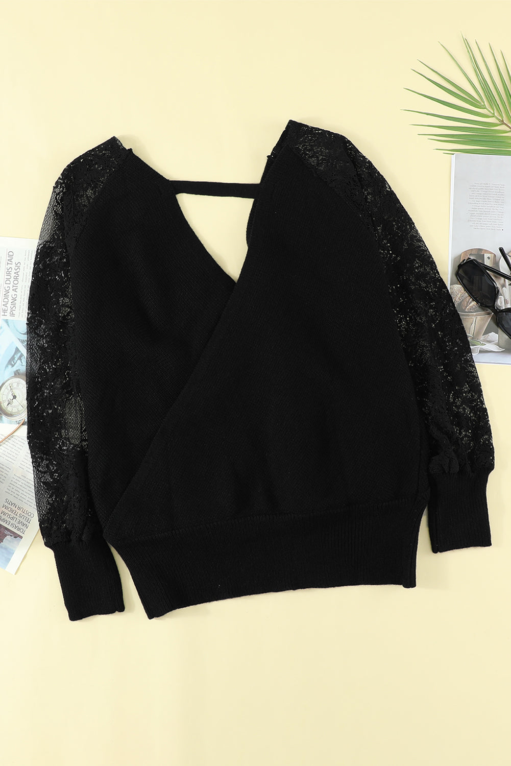 Sexy V Neck Surplice Hollow-Out Sweater With Lace Sleeves