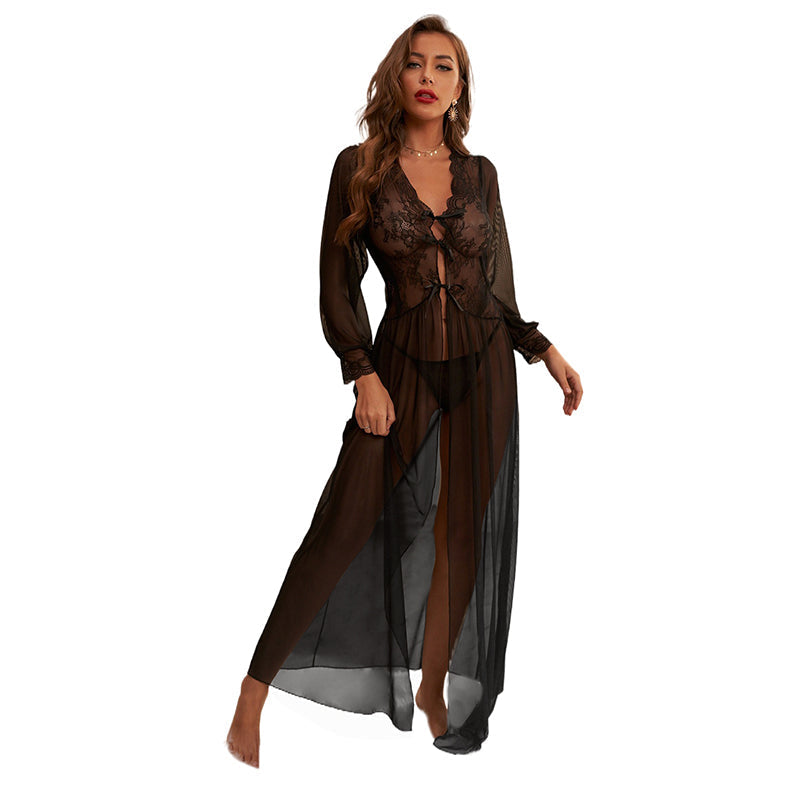 Sheer Long Sleeve Lace Robe With Thong